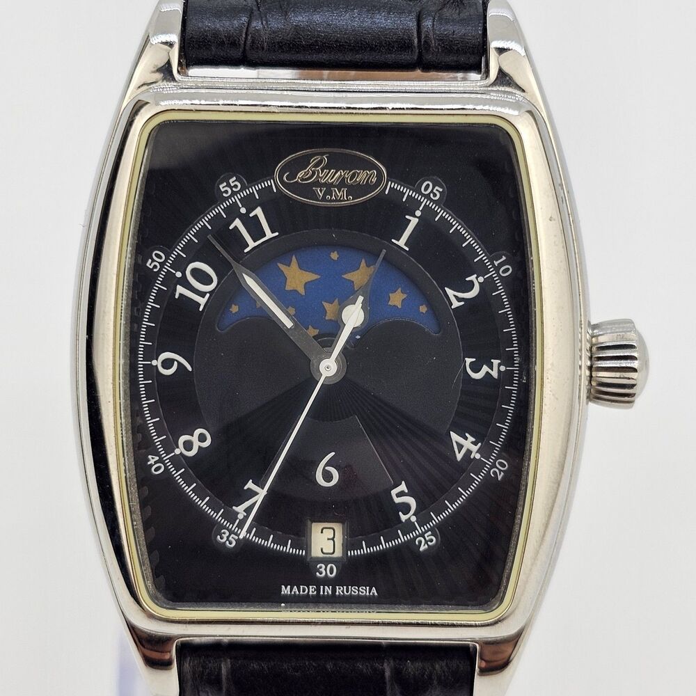 Buran Moonphase Mechanical Watch 34MM Black Dial Leather Bands Limited‎ Edition